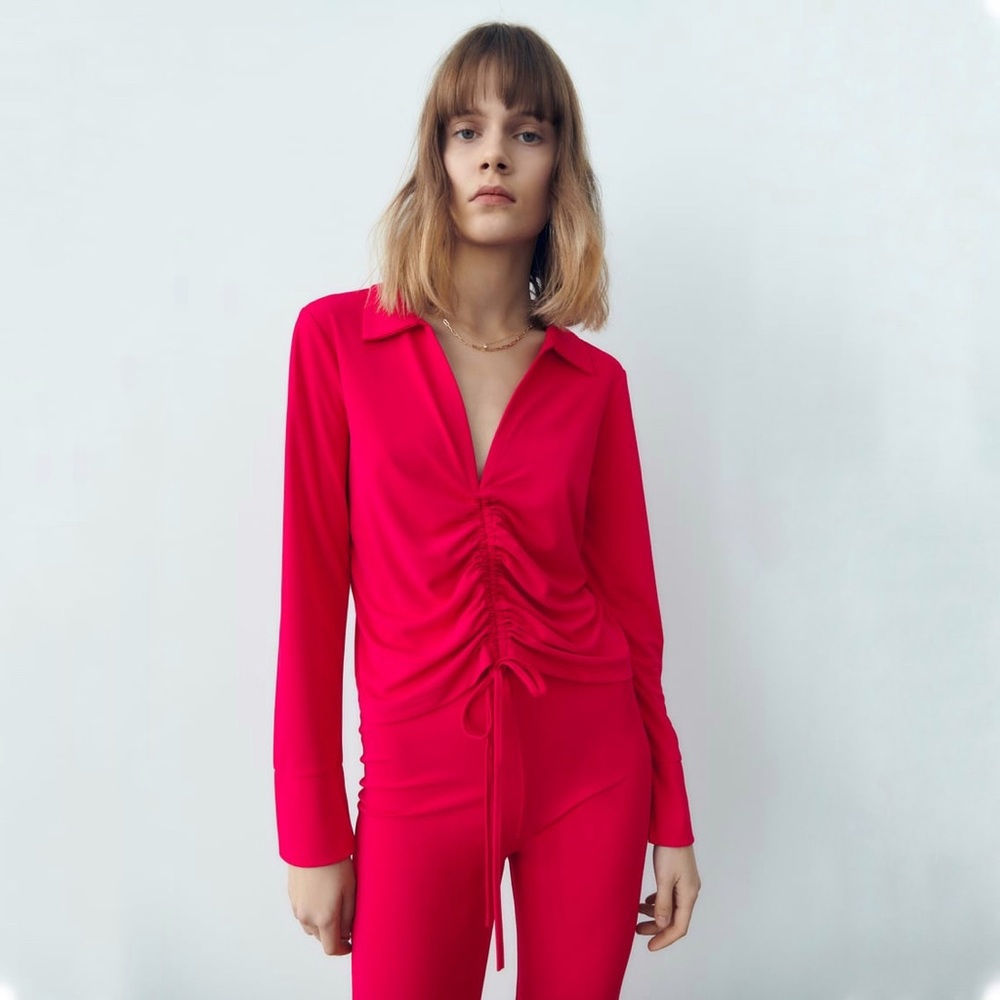 NWOT Zara Two Piece Strawberry Ruched Top and Flared Pants Size Small
